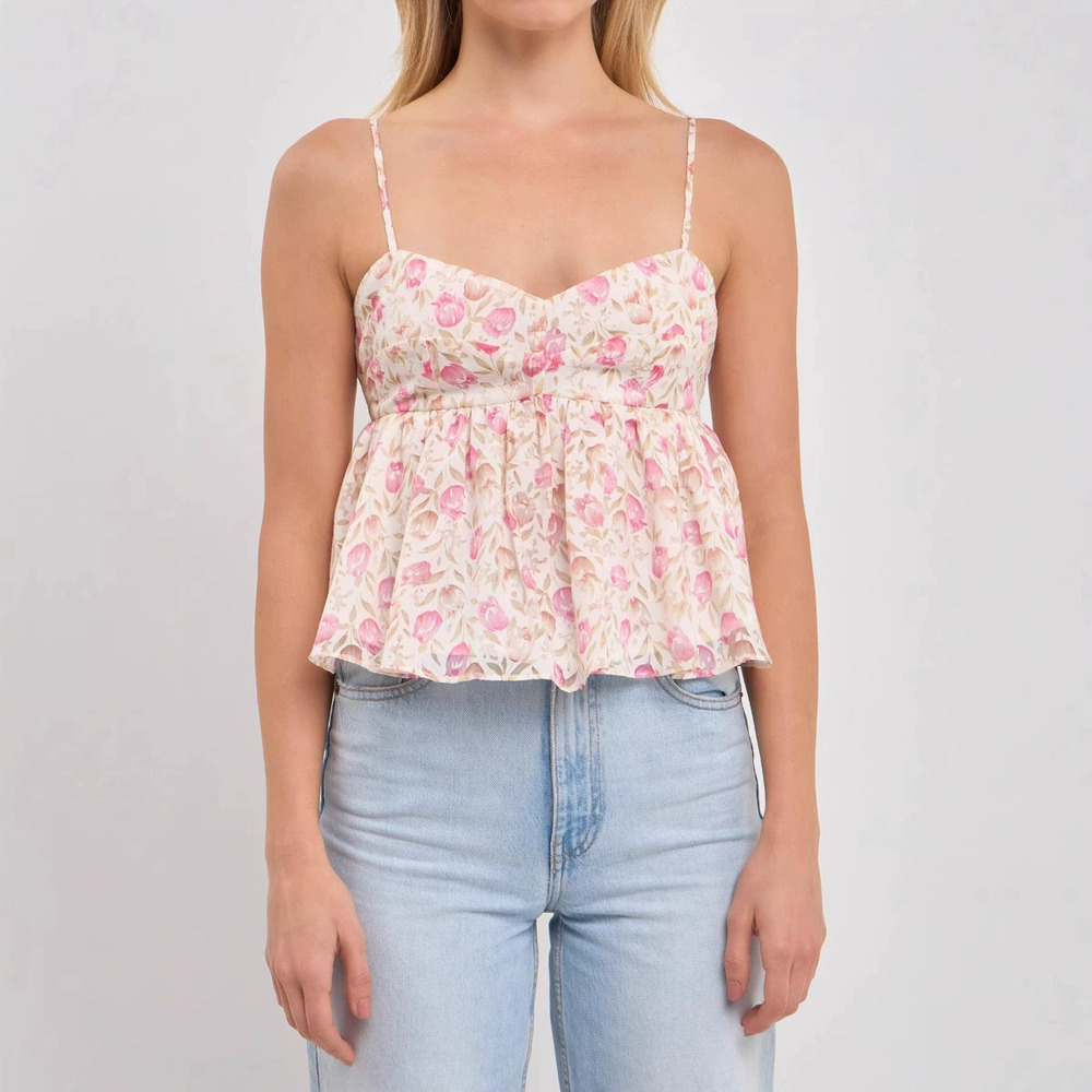 ZARA Floral Fresh Versatile Sweet Backless Vintage Short Printed Camisole Top